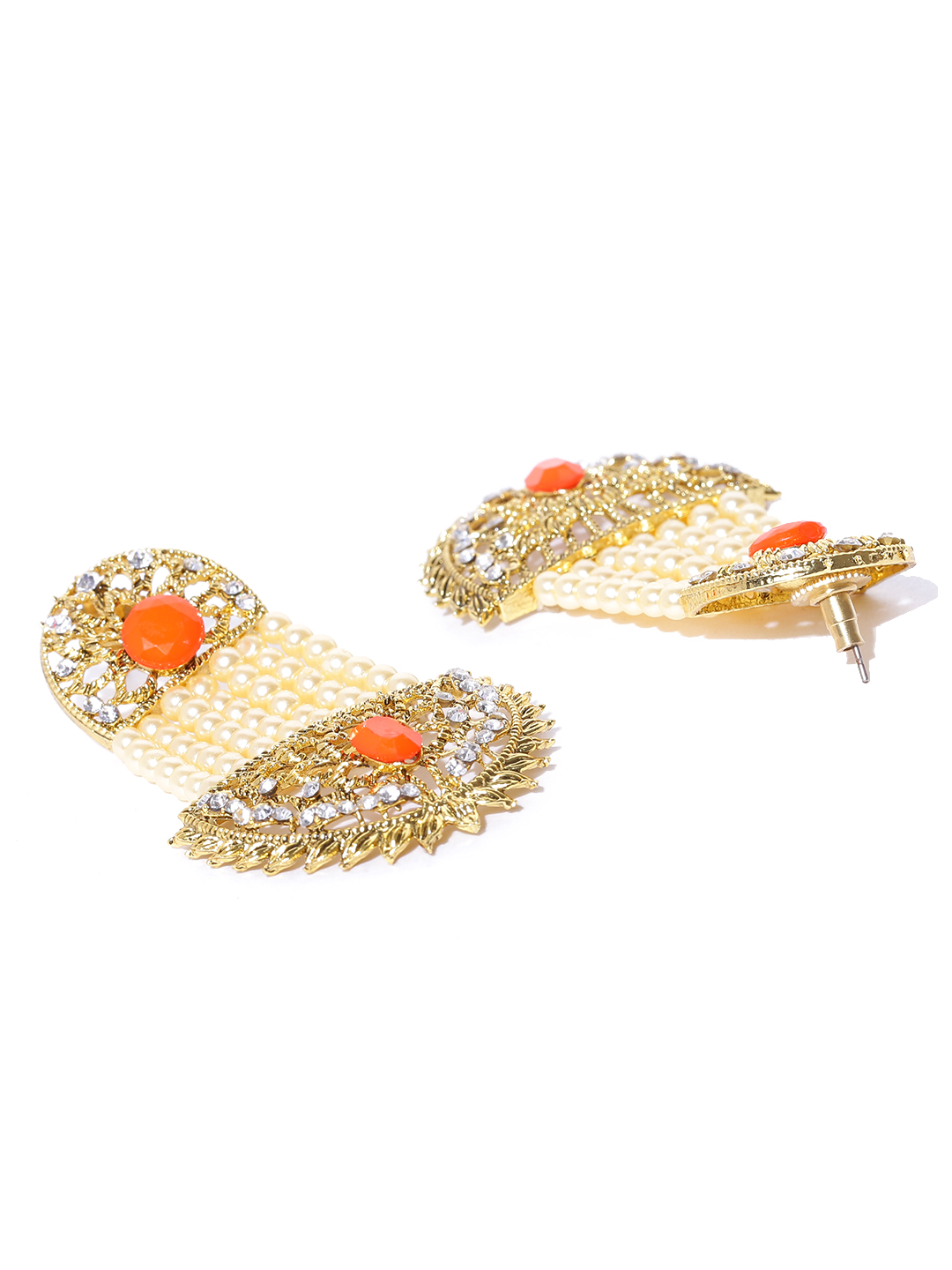 YouBella Off-White Gold-Plated Stone-Studded Beaded Drop Earrings